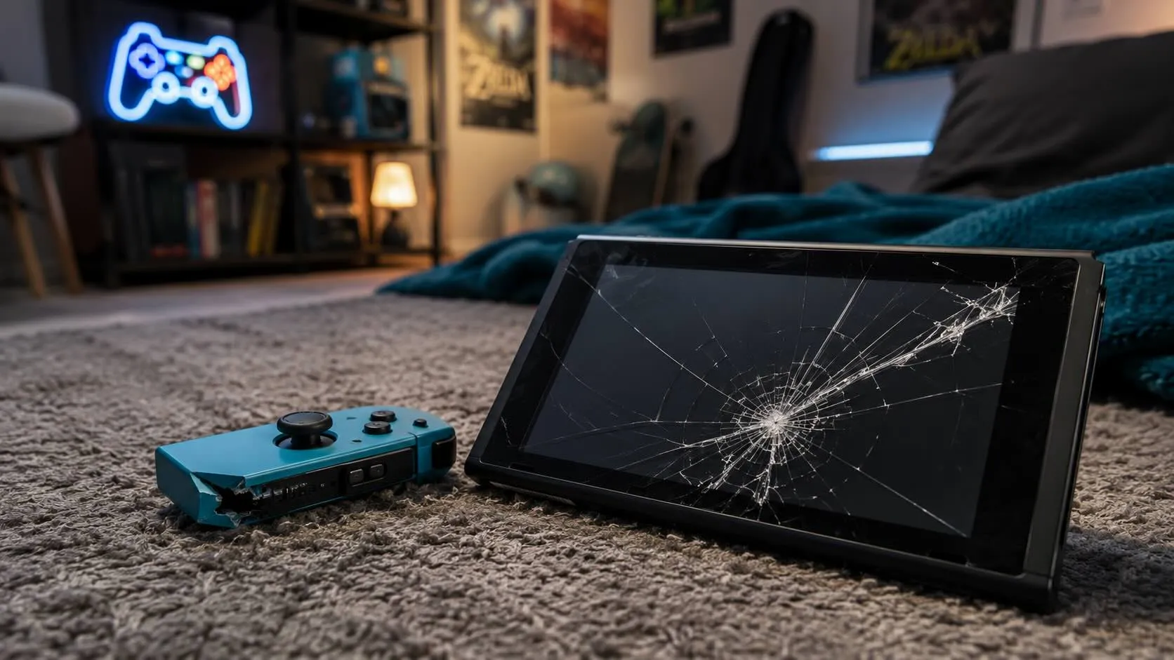 Handheld-Konsole mit gesplittertem Display neben einem abgebrochenen Controller