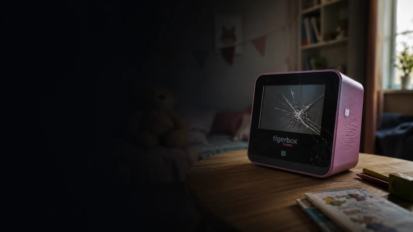 tigerbox TOUCH à l'écran fissuré sur une table dans une chambre d'enfant